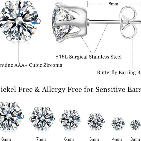 Elegant 6-Pair Hypoallergenic Cubic Zirconia Stud Earrings Set - 14K Gold Plated - Picture 3 of 6